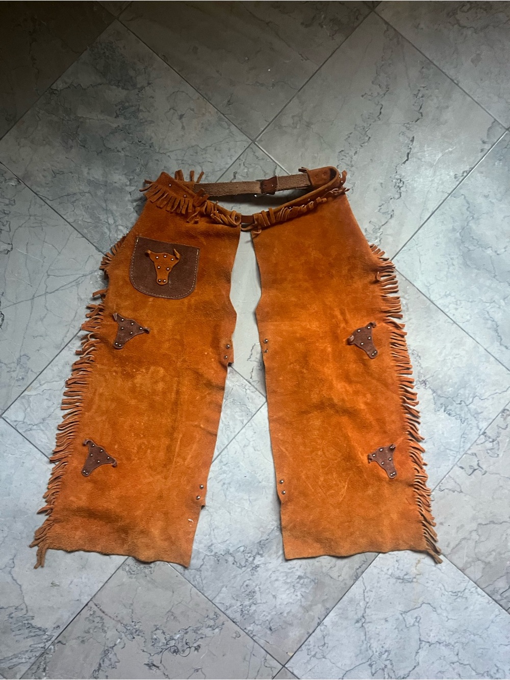 Vintage Suede Fringe Leather Chaps in Burnt Orange